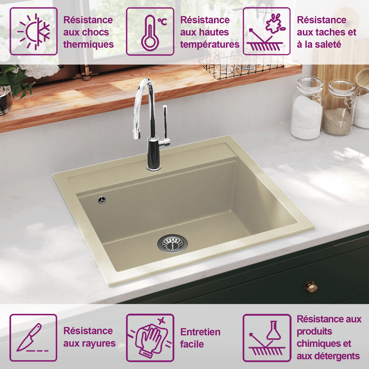144862 vidaXL Granite Kitchen Sink Single Basin Beige