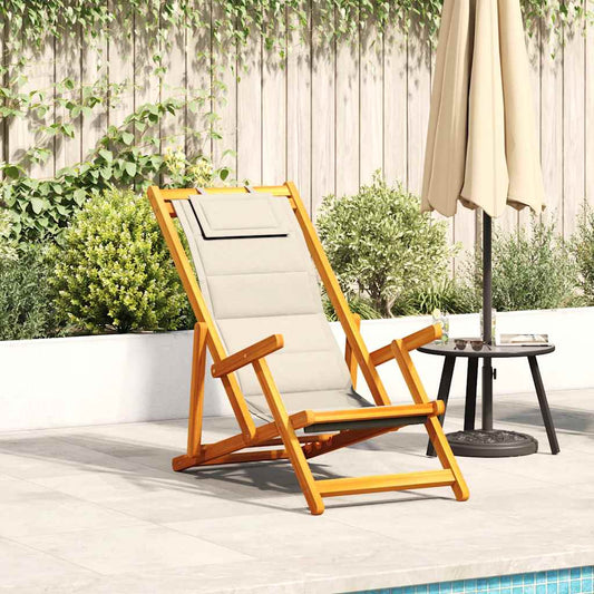 Folding Beach Chair with Armrests Cream Acacia Wood & Textilene Folding Beach Chair with Armrests Cream Acacia Wood & Textilene