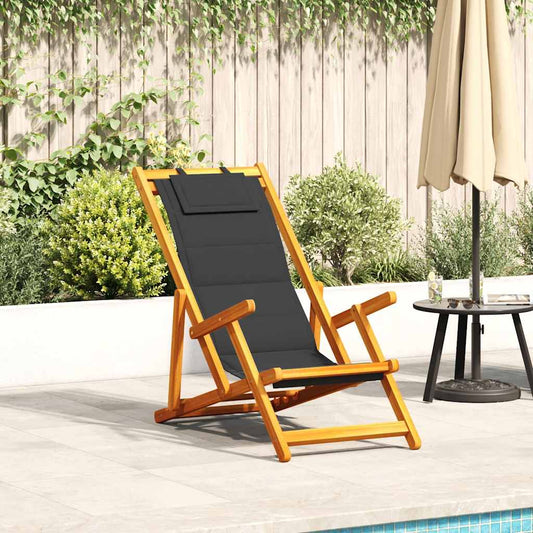 Folding Beach Chair with Armrests Black Acacia Wood & Textilene Folding Beach Chair with Armrests Black Acacia Wood & Textilene