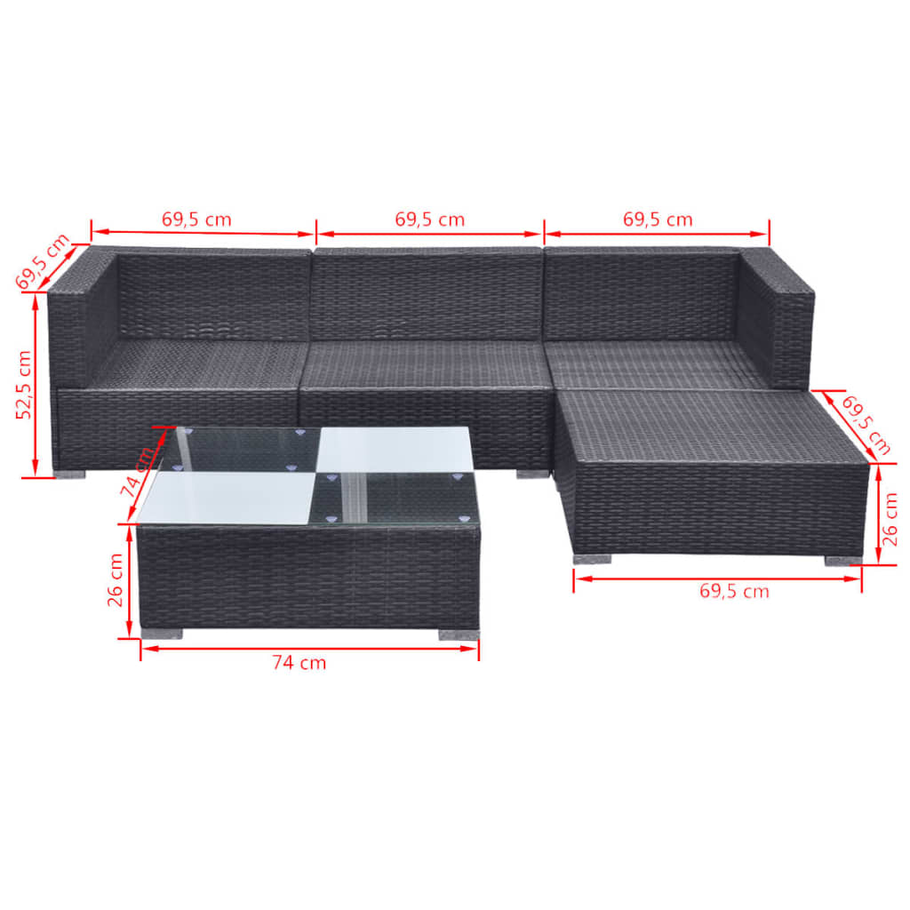 42740 vidaXL 5 Piece Garden Lounge Set with Cushions Poly Rattan Black