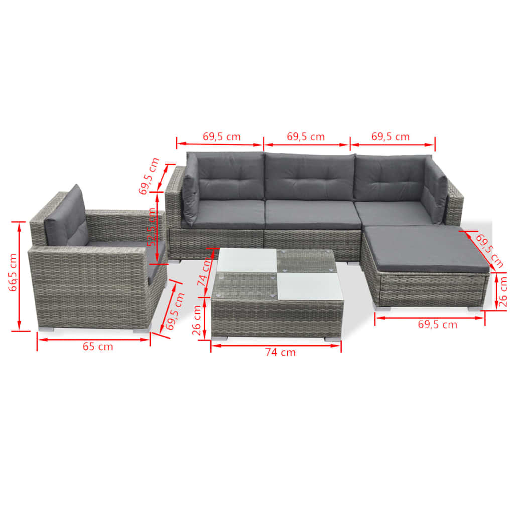 42744 vidaXL 6 Piece Garden Lounge Set with Cushions Poly Rattan Grey