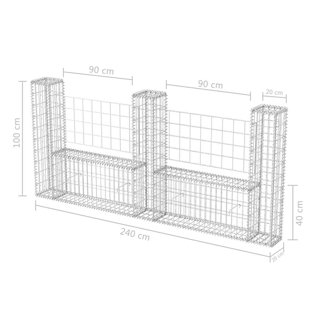142546 vidaXL Gabion Basket U-Shape Galvanised Steel 240x20x100 cm