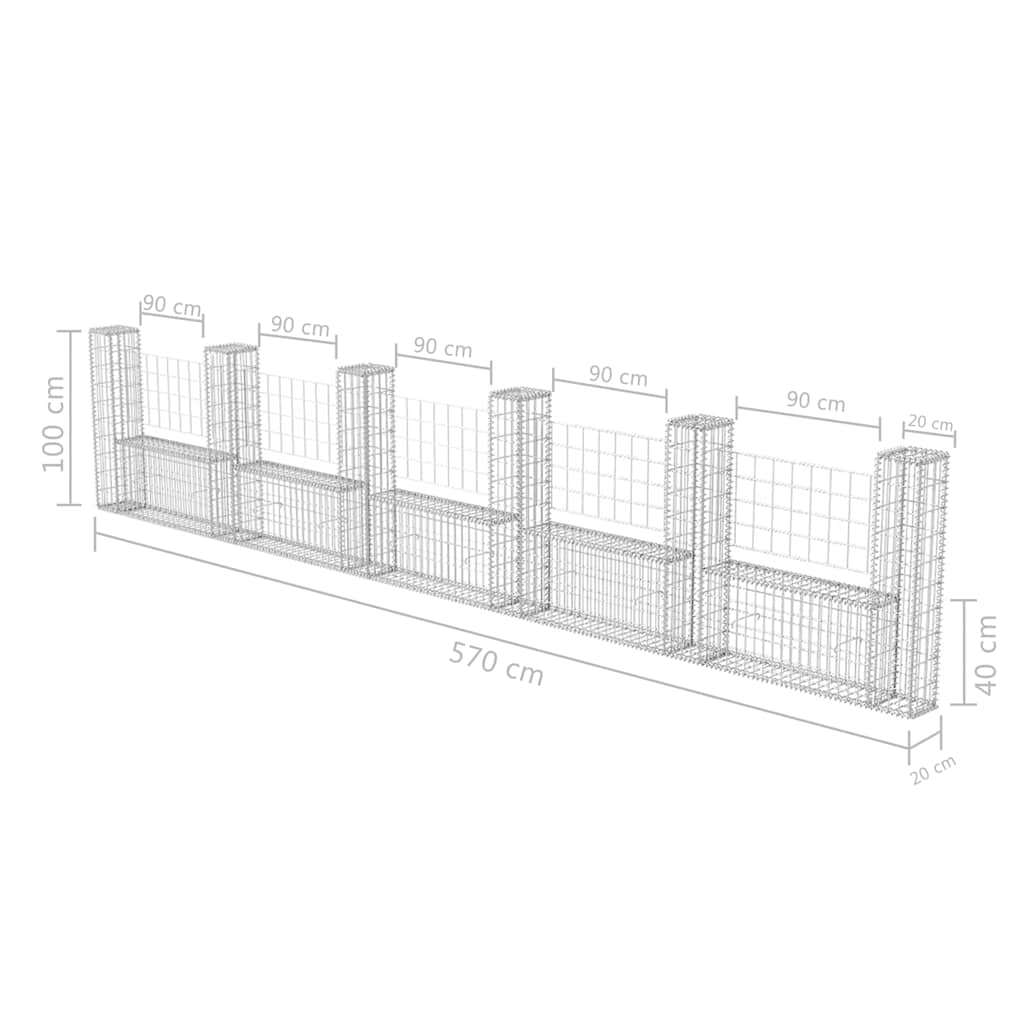 142547 vidaXL Gabion Basket U-Shape Galvanised Steel 570x20x100 cm