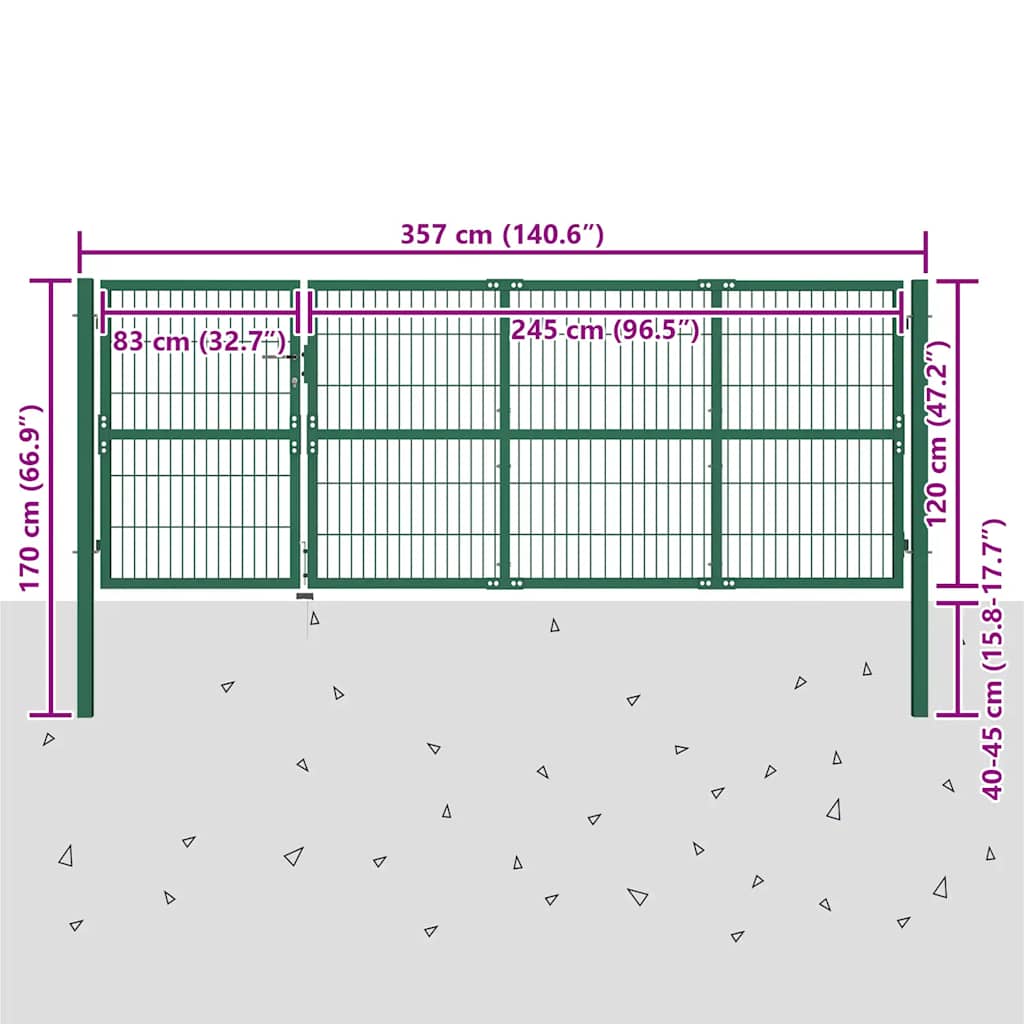 142570 vidaXL Garden Fence Gate with Posts 350x120 cm Steel Green