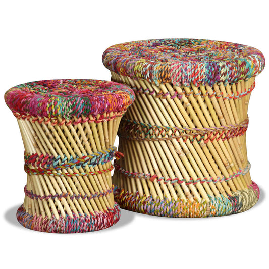 Stool | Set of 2 | Multicolour | Bamboo and Chindi with Iron Frame Stool | Set of 2 | Multicolour | Bamboo and Chindi with Iron Frame