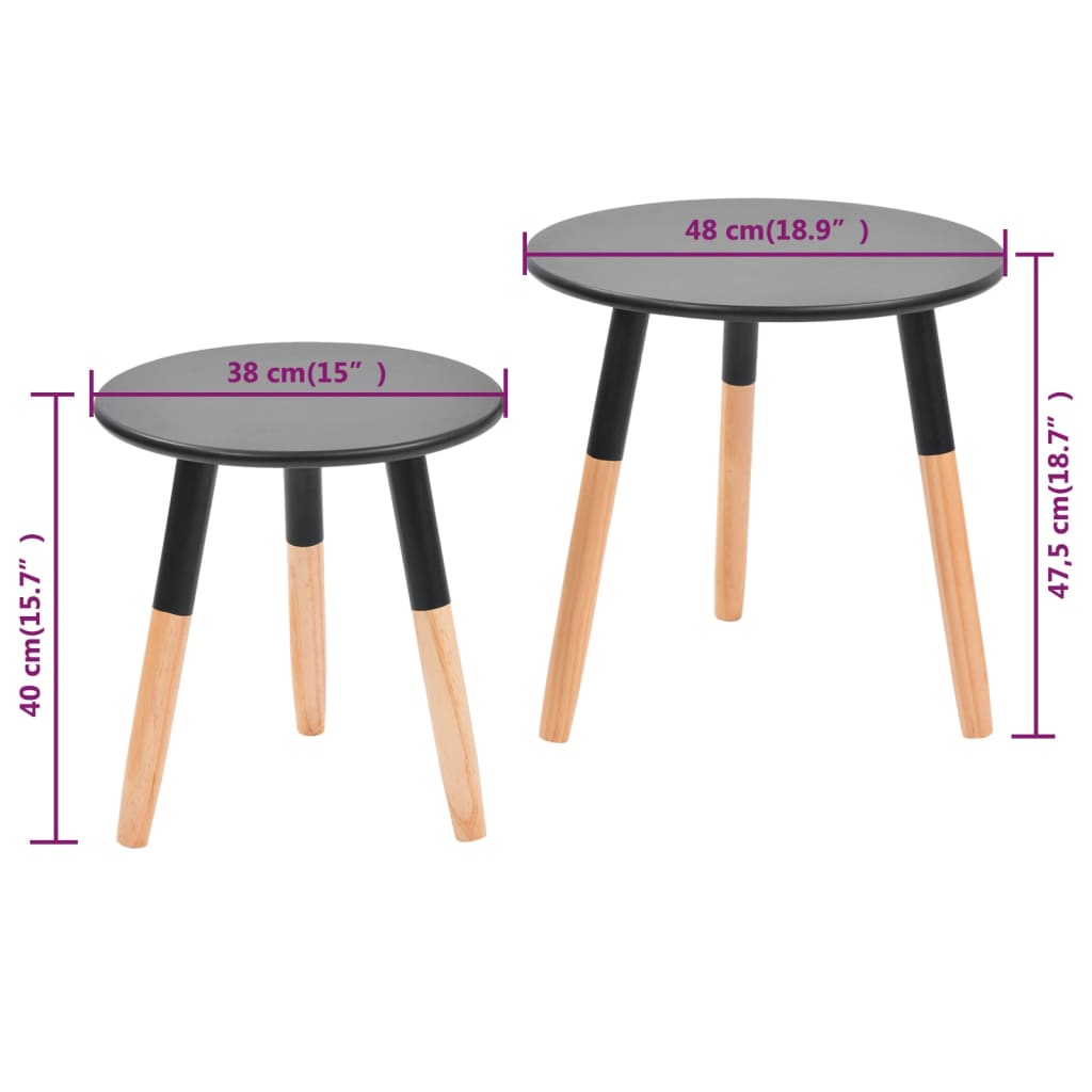 Side Table | Set of 2 | Black | Solid pinewood legs, MDF top | Small