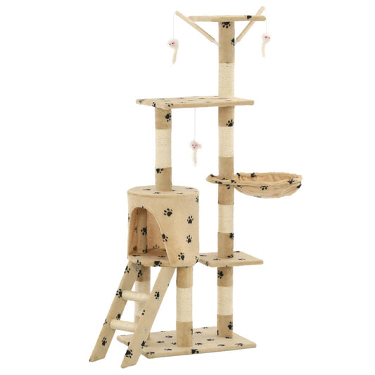 Cat Tree with Sisal Scratching Posts 138 cm Beige Paw Prints Cat Tree with Sisal Scratching Posts 138 cm Beige Paw Prints