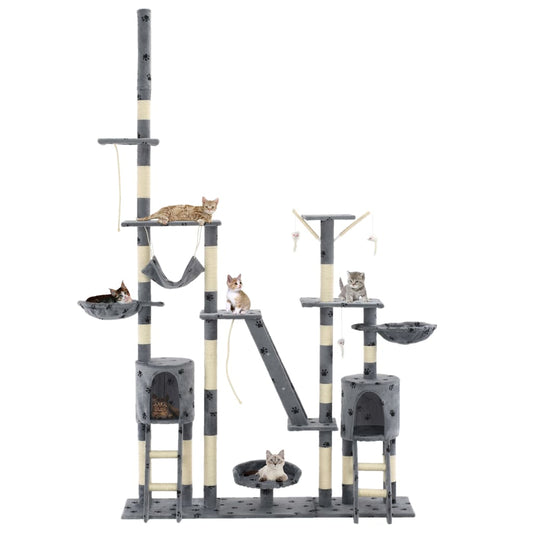 Cat Tree | Grey with paw prints | Plush, Particle board, Sisal rope Cat Tree | Grey with paw prints | Plush, Particle board, Sisal rope
