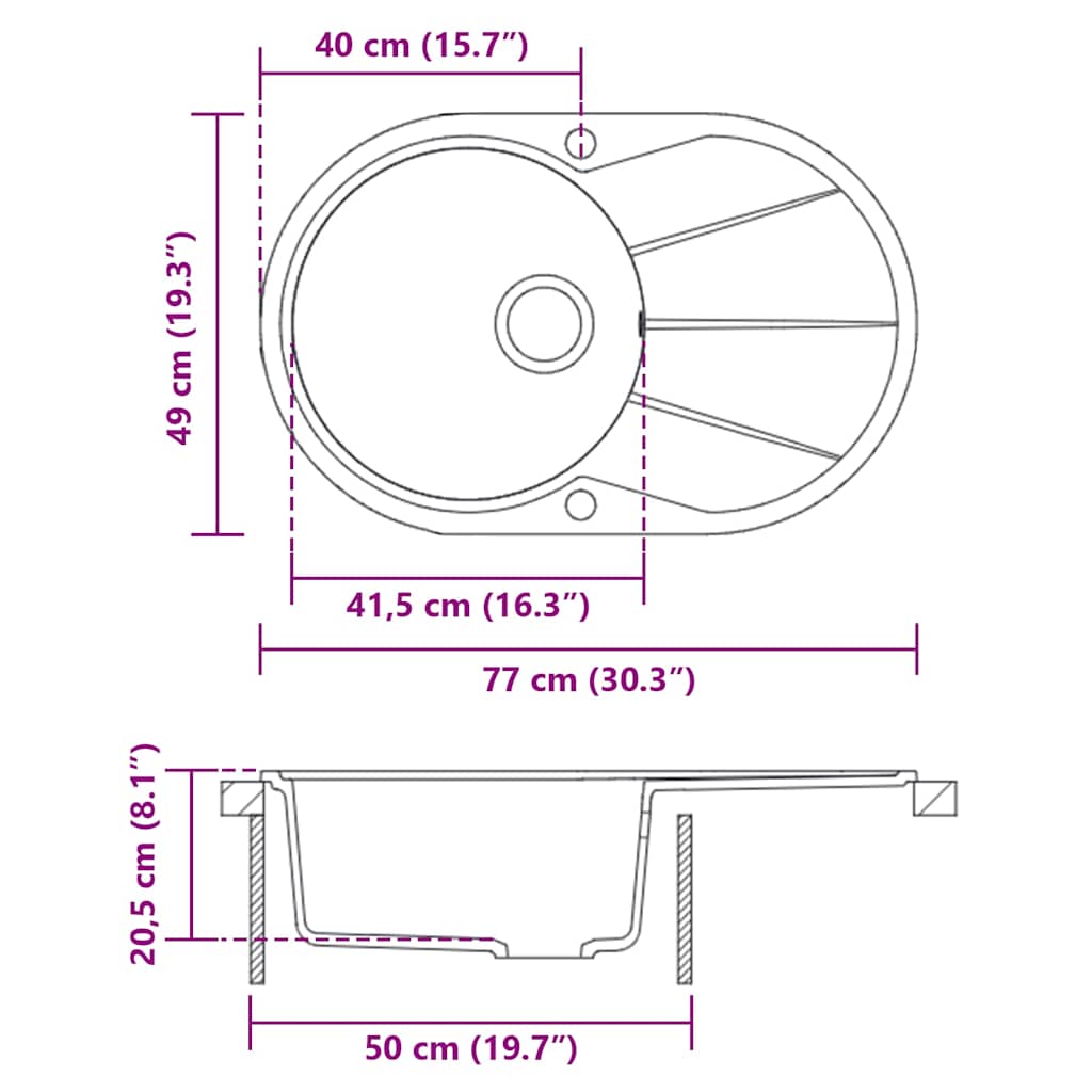 Granite Kitchen Sink Single Basin Oval Grey
