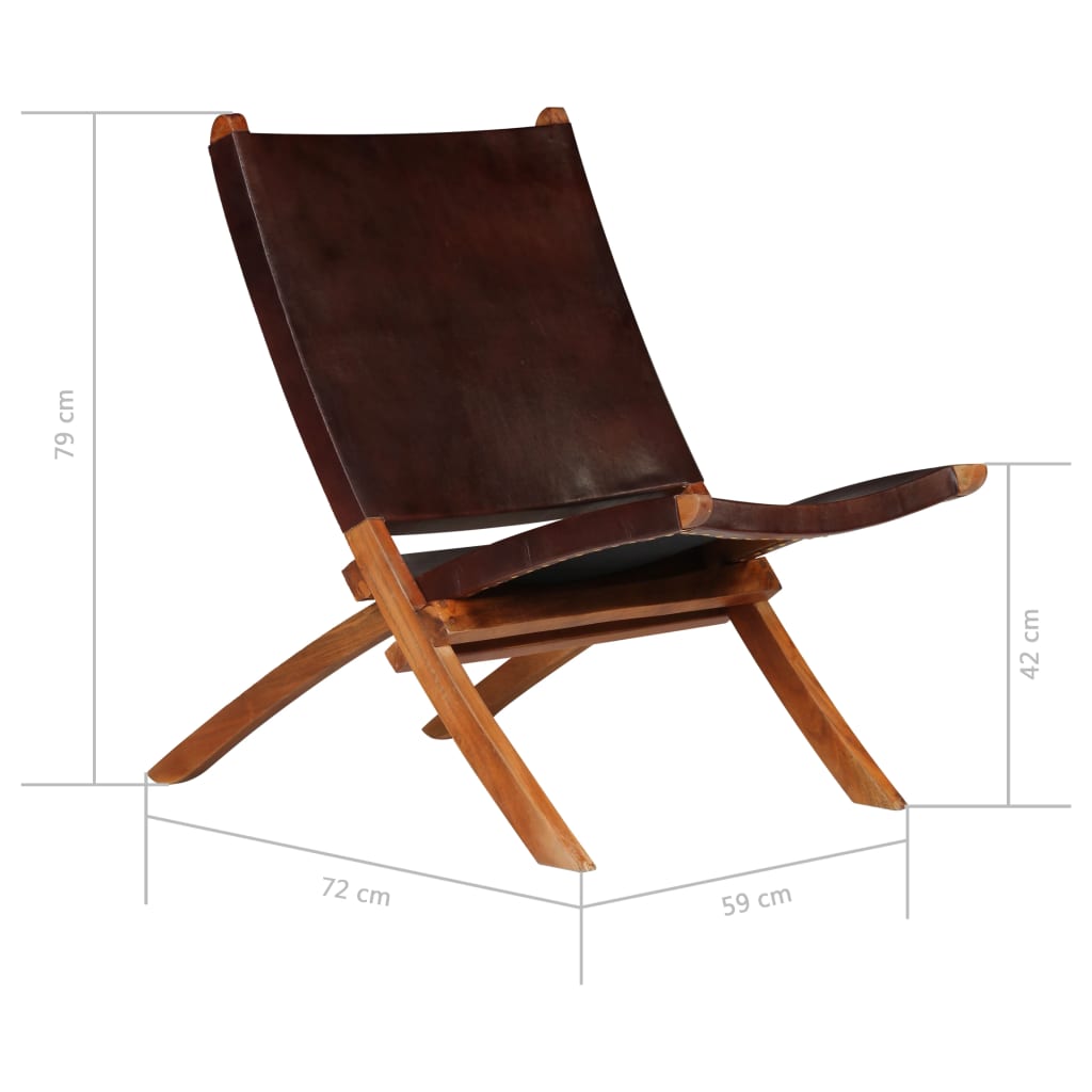 Folding Relaxing Chair Brown Real Leather