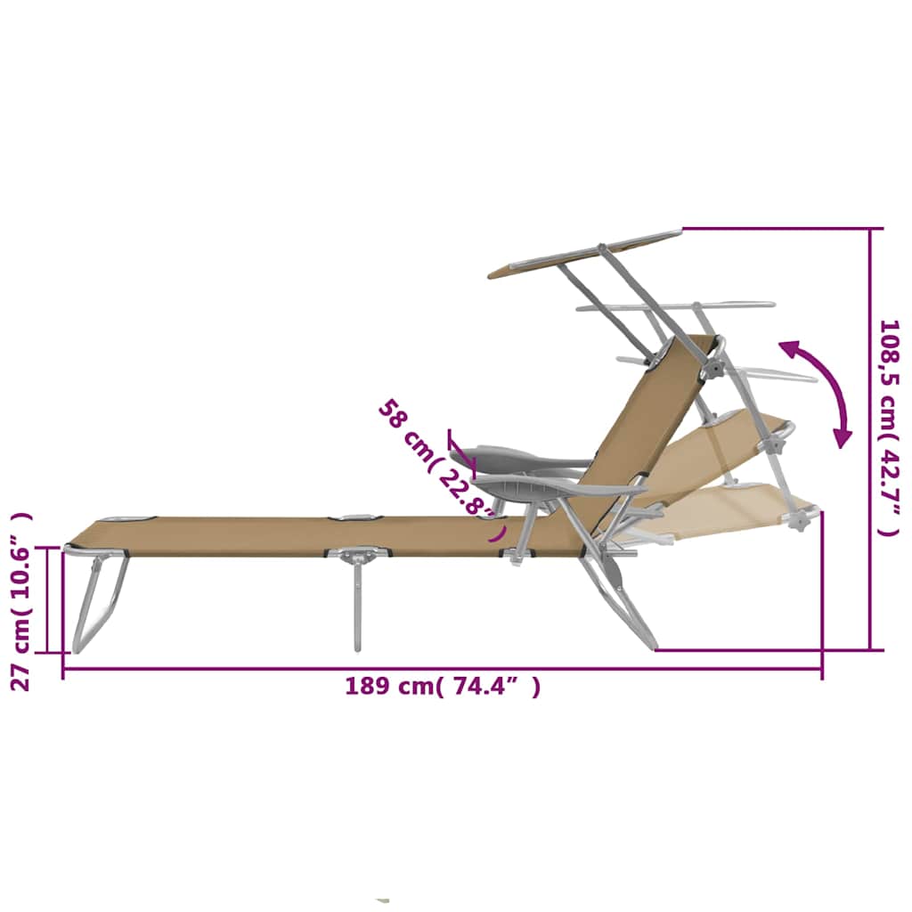 44297 vidaXL Folding Sun Lounger with Canopy Steel Taupe