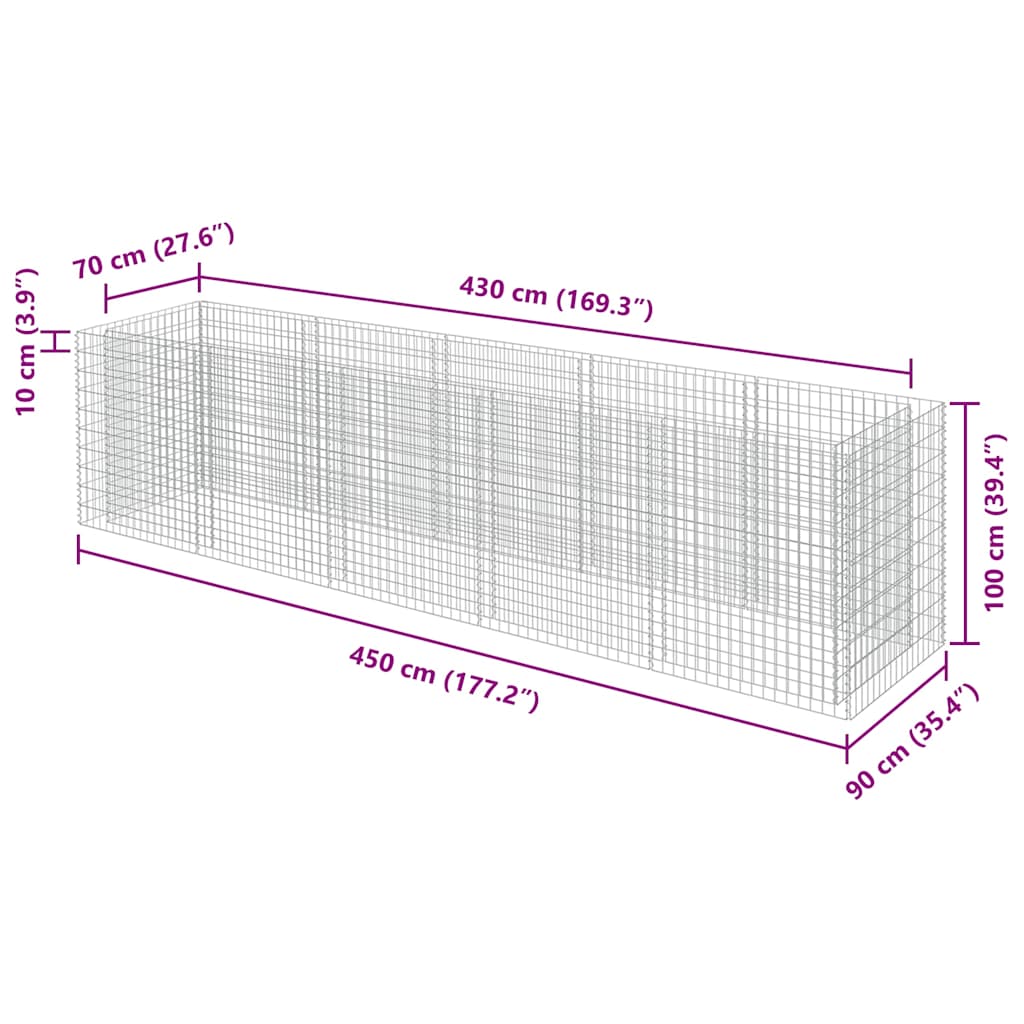 143552 vidaXL Gabion Raised Bed Galvanised Steel 450x90x100 cm