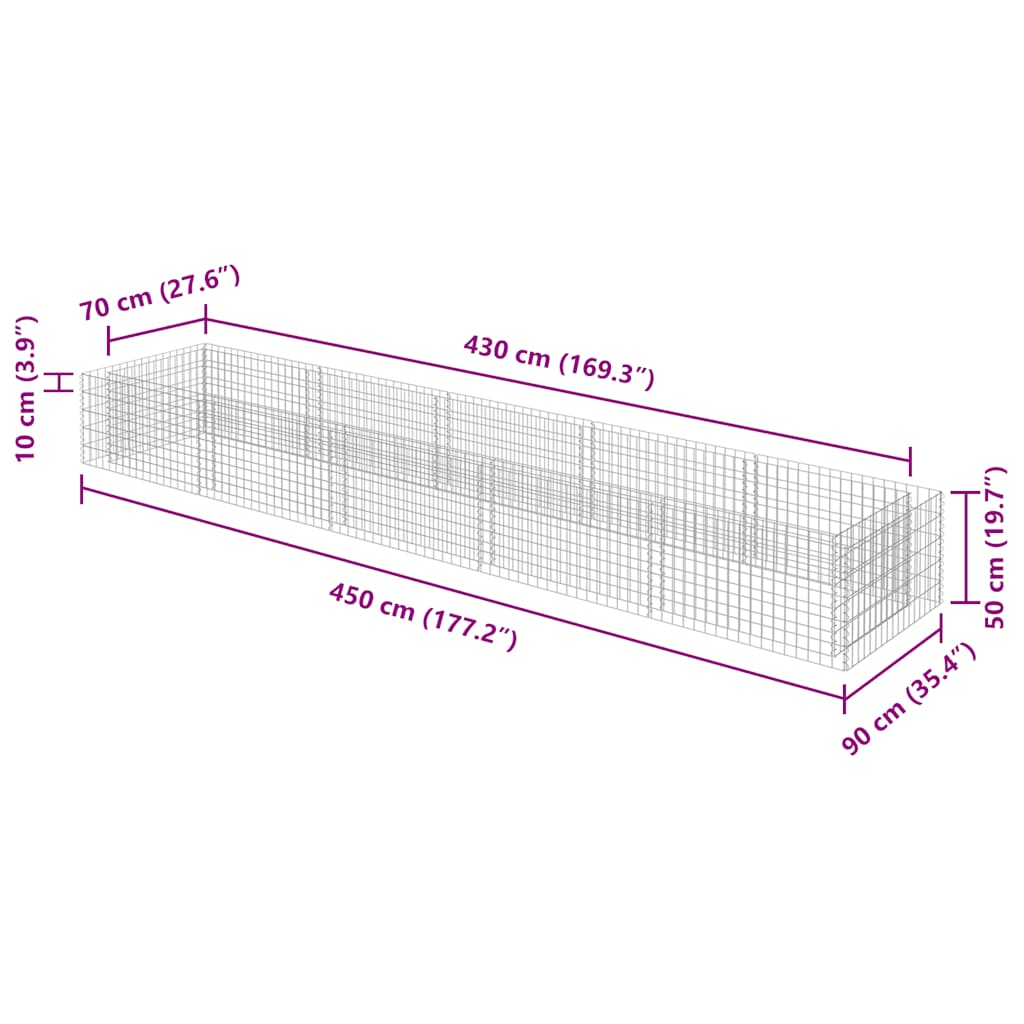 143553 vidaXL Gabion Raised Bed Galvanised Steel 450x90x50 cm