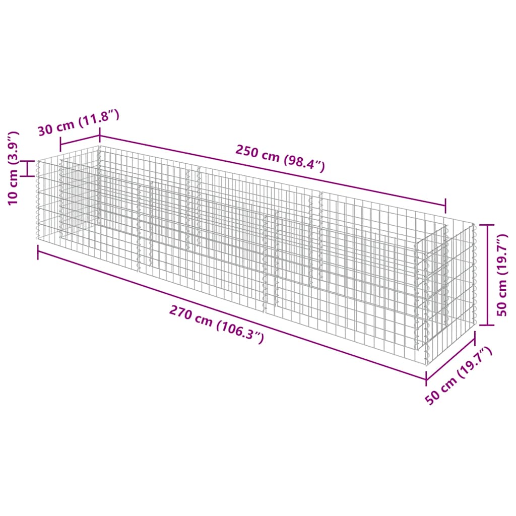143563 vidaXL Gabion Raised Bed Galvanised Steel 270x50x50 cm
