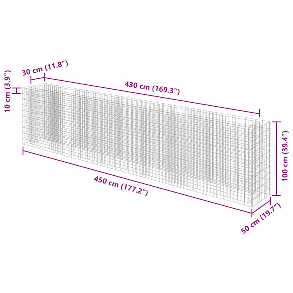 143564 vidaXL Gabion Raised Bed Galvanised Steel 450x50x100 cm