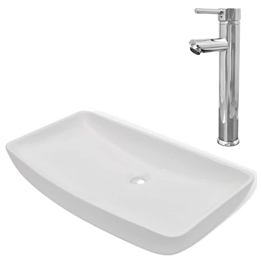 Bathroom Basin with Mixer Tap Ceramic Rectangular White Bathroom Basin with Mixer Tap Ceramic Rectangular White