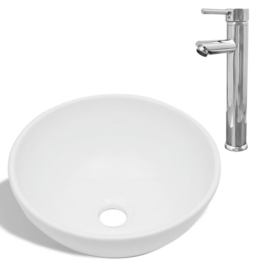 Bathroom Basin with Mixer Tap Ceramic Round White Bathroom Basin with Mixer Tap Ceramic Round White