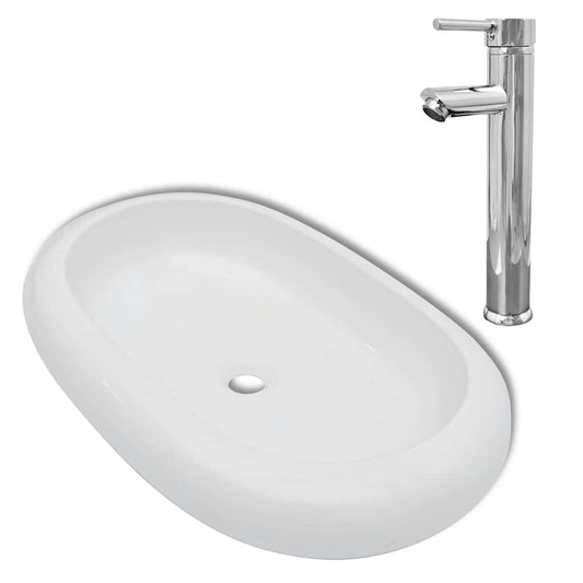 Bathroom Basin with Mixer Tap Ceramic Oval White Bathroom Basin with Mixer Tap Ceramic Oval White