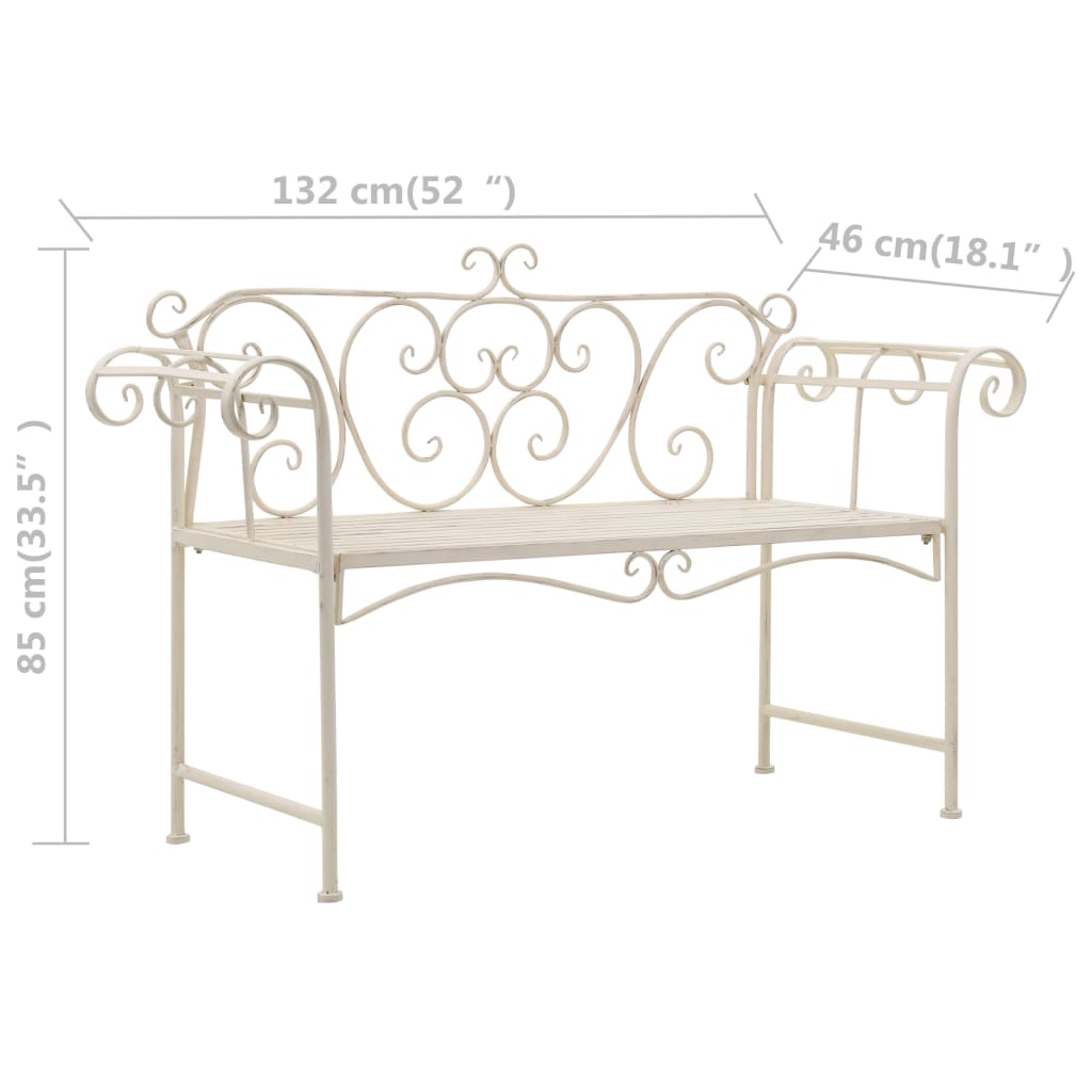 Garden Bench | Antique White | Metal | 132 cm width | Decorative Inlays