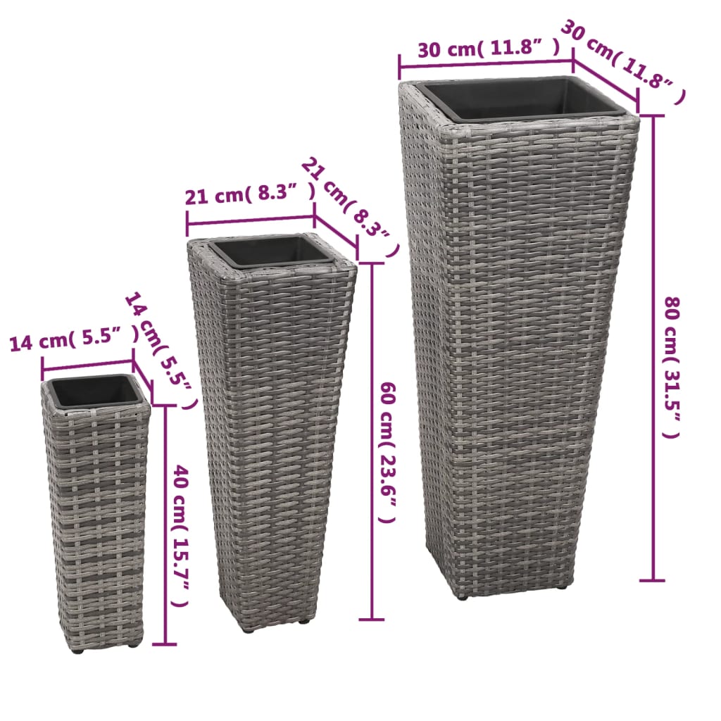 45424 vidaXL Garden Raised Beds 3 pcs Poly Rattan Grey