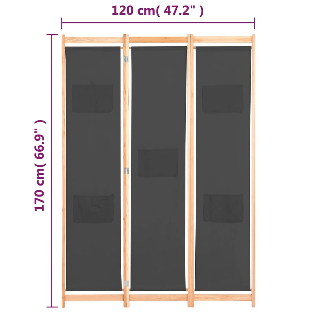 248175 vidaXL 3-Panel Room Divider Grey 120x170x4 cm Fabric