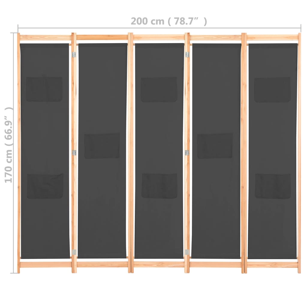 248177 vidaXL 5-Panel Room Divider Grey 200x170x4 cm Fabric