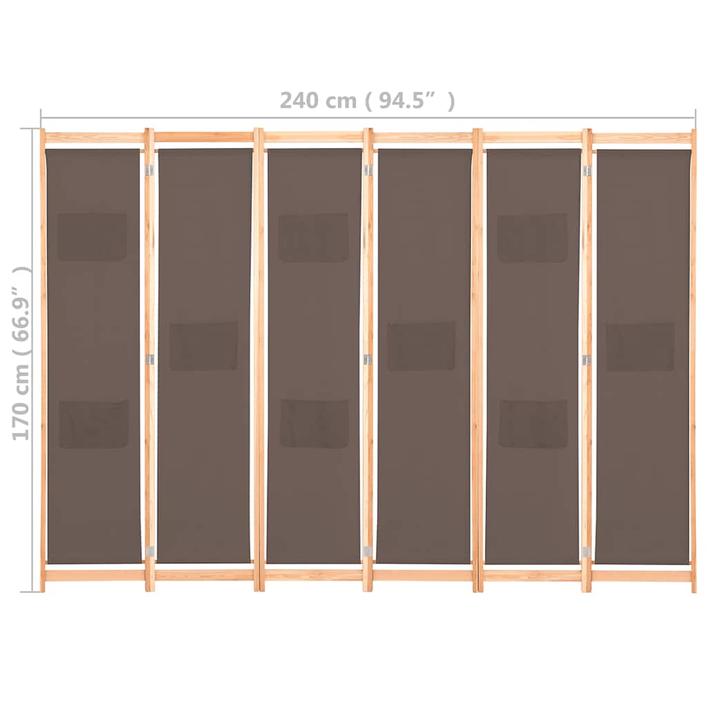 248182 vidaXL 6-Panel Room Divider Brown 240x170x4 cm Fabric