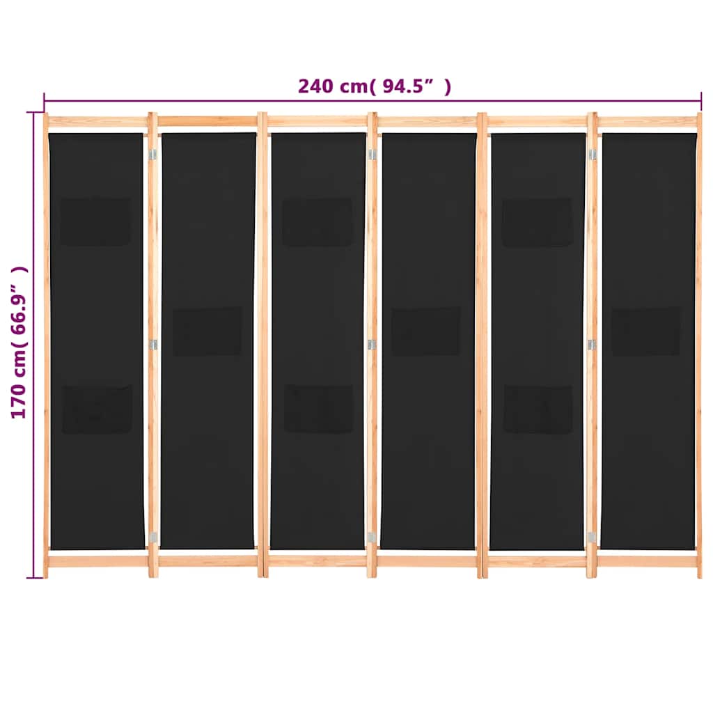 248186 vidaXL 6-Panel Room Divider Black 240x170x4 cm Fabric