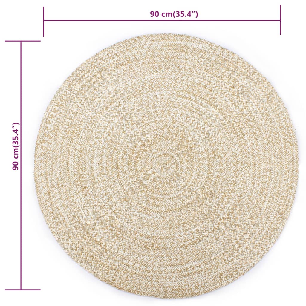 Area Rug | White and natural | Jute and cotton | 90 cm diameter