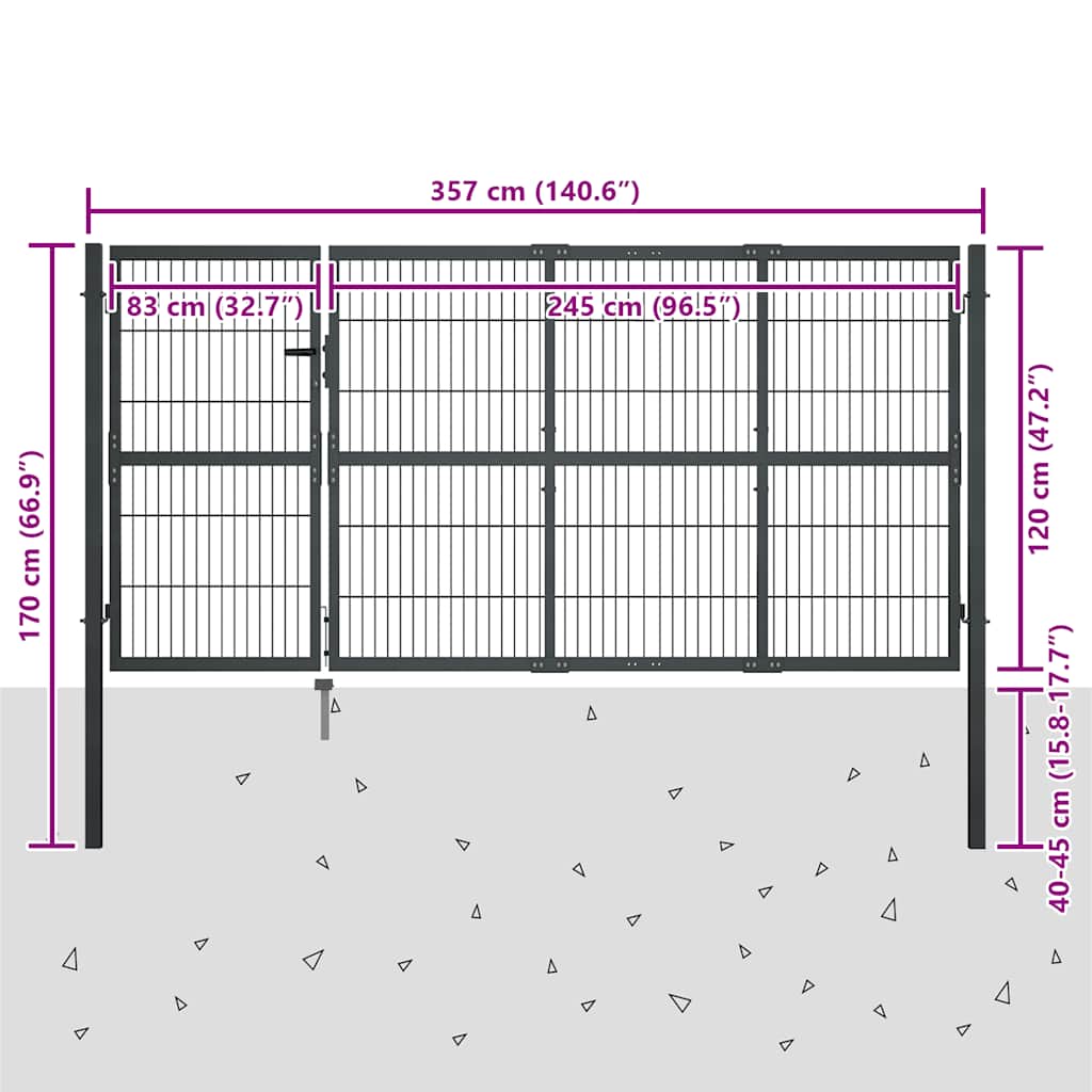 Garden Gate with Posts Steel 350x120 cm Anthracite