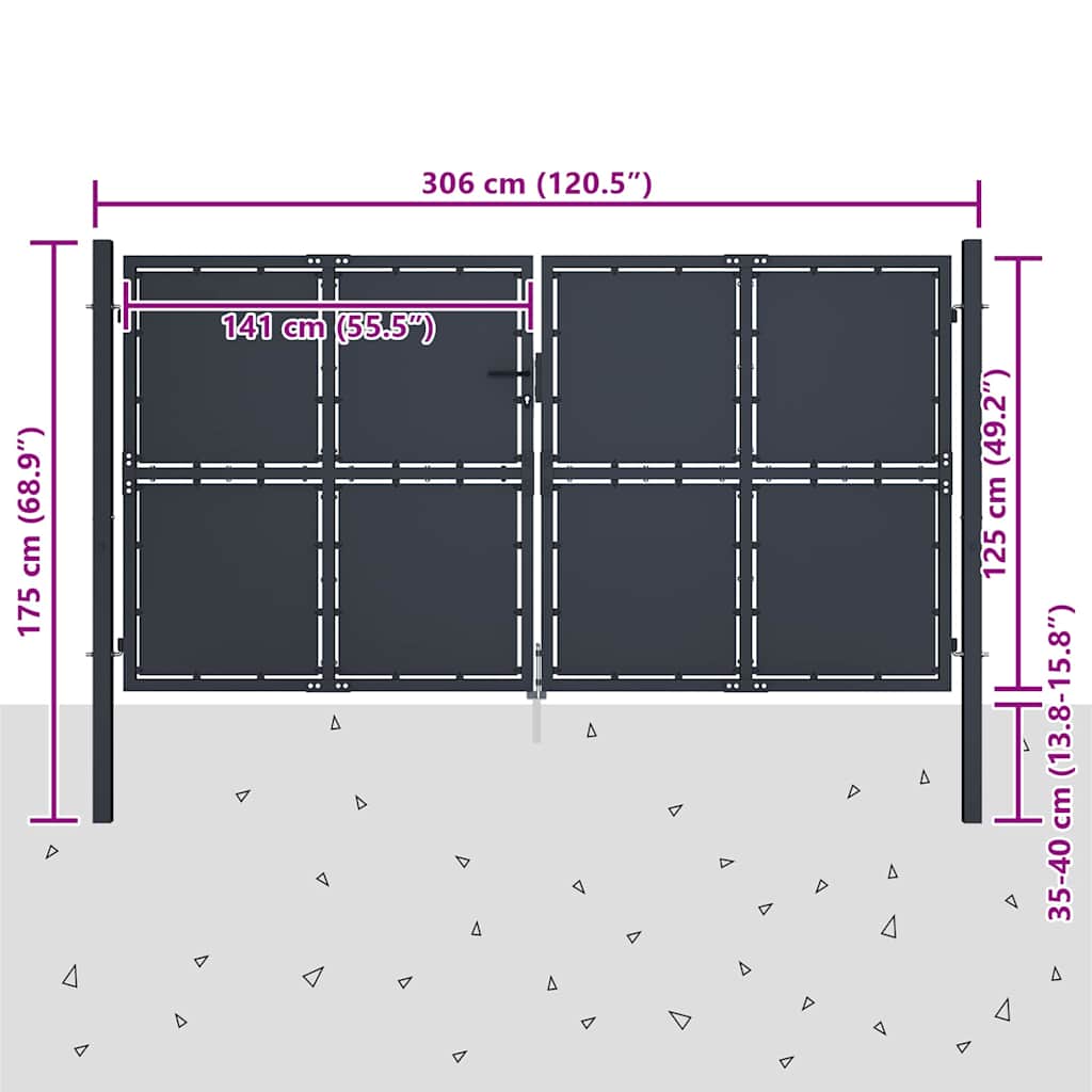 144525 vidaXL Garden Gate Steel 300x125 cm Anthracite
