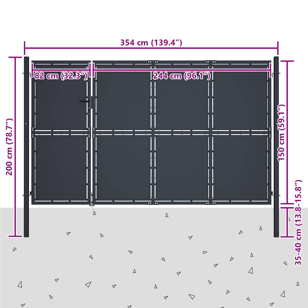 144538 vidaXL Garden Gate Steel 350x150 cm Anthracite