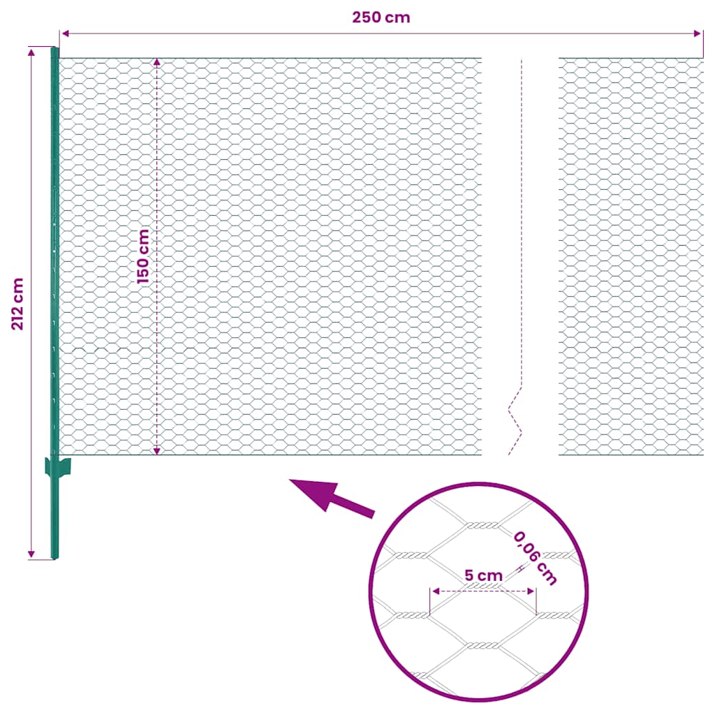 144616 vidaXL Wire Mesh Fence with Posts Steel 25x1,5 m Green
