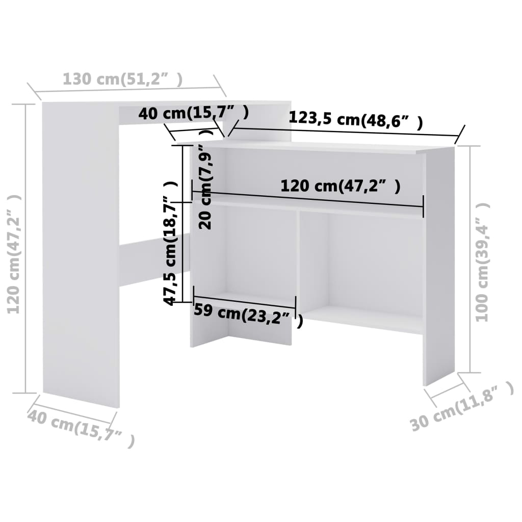 280217 vidaXL Bar Table with 2 Table Tops White 130x40x120 cm