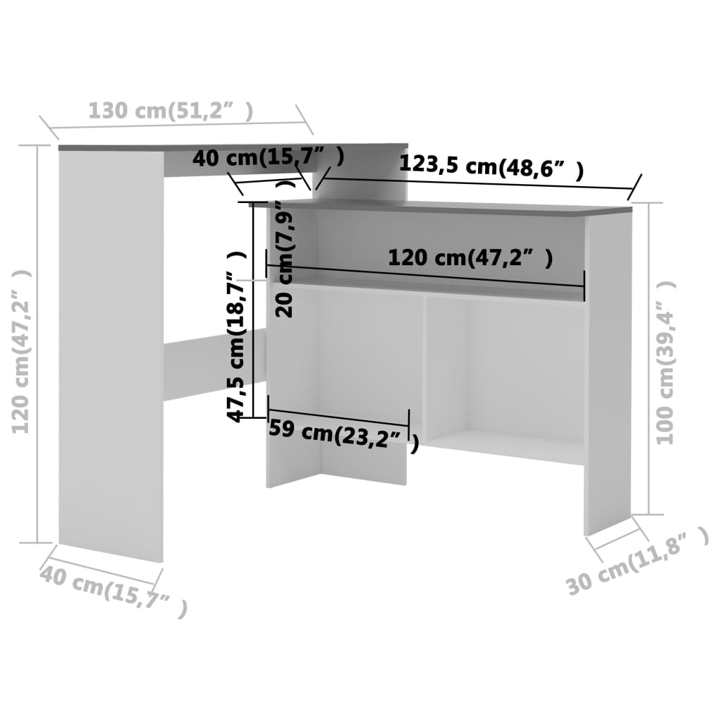 280221 vidaXL Bar Table with 2 Table Tops White and Grey 130x40x120 cm