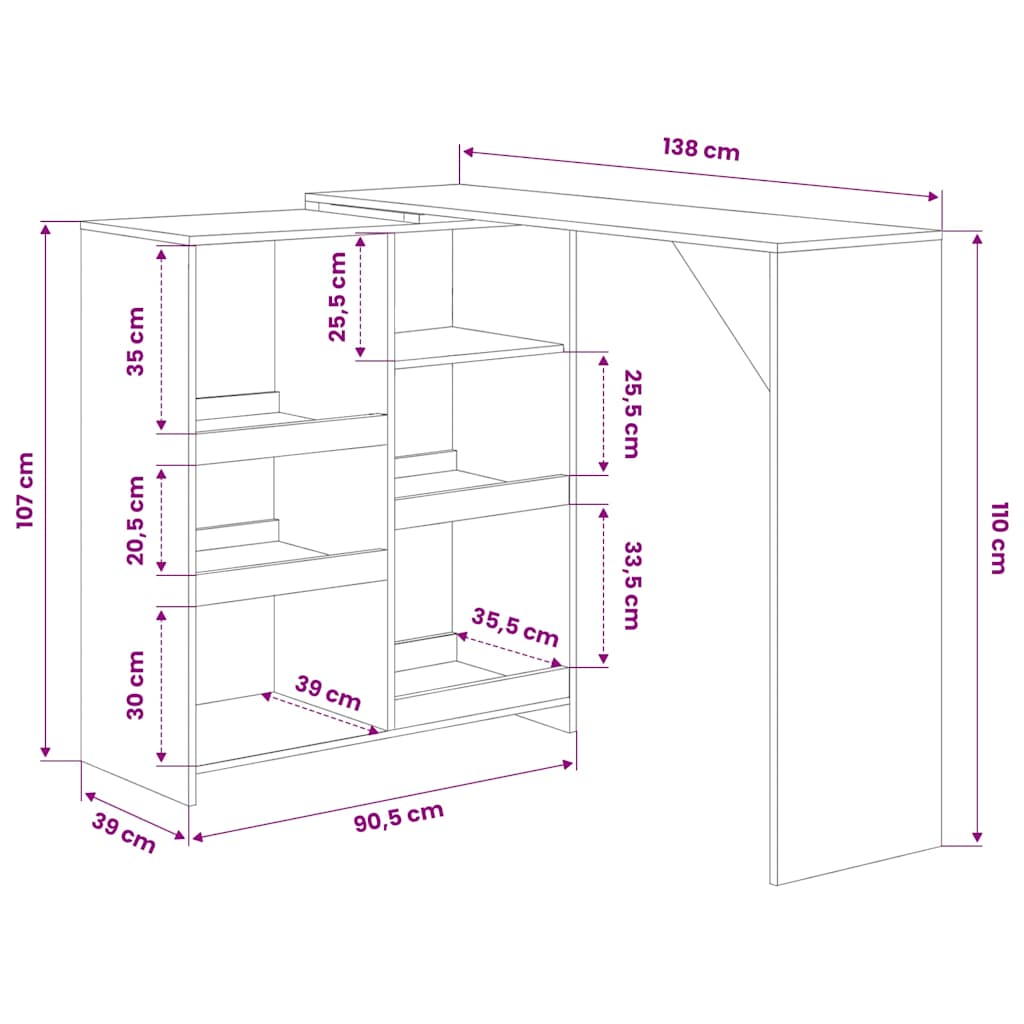 280223 vidaXL Bar Table with Moveable Shelf Black 138x39x110 cm