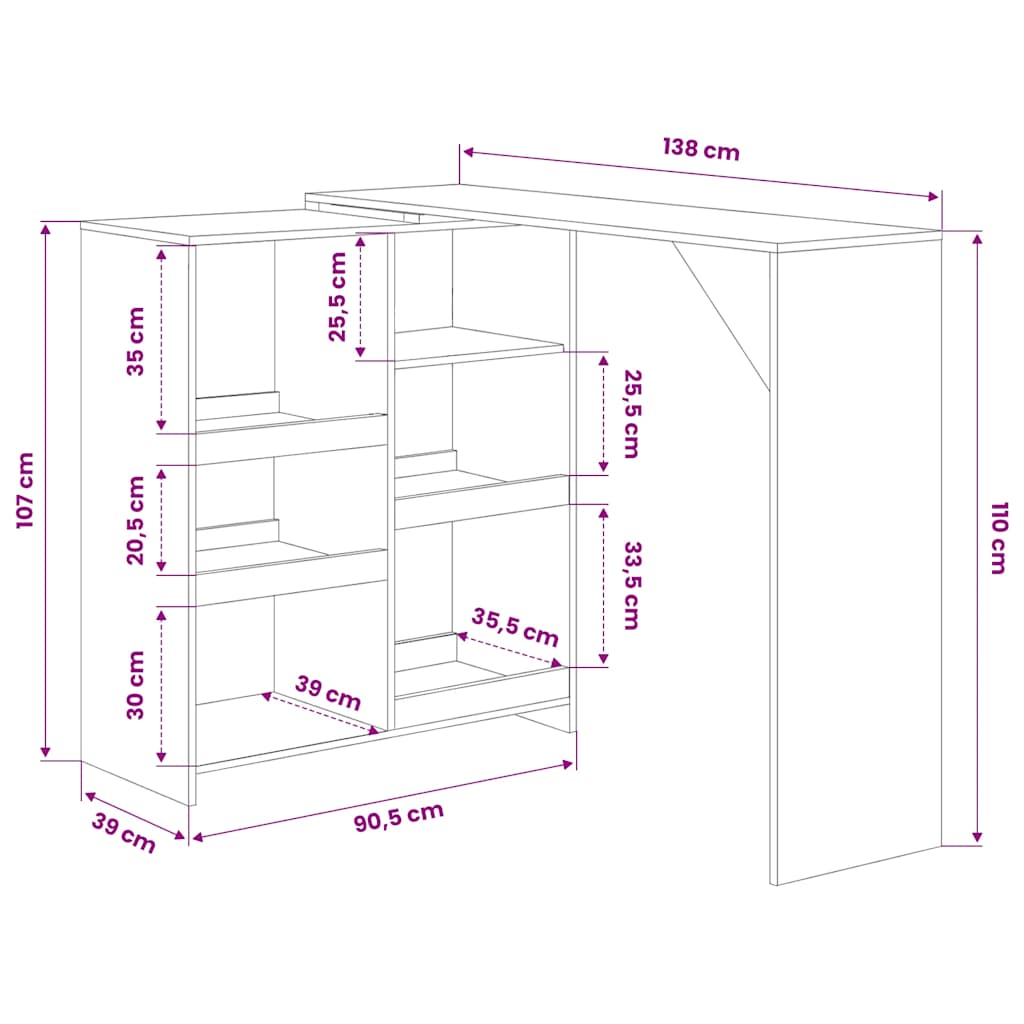 Bar Table with Moveable Shelf Oak 138x39x110 cm