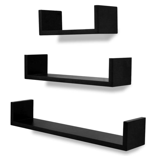 3 Black MDF U-shaped Floating Wall Display Shelves Book/DVD Storage 3 Black MDF U-shaped Floating Wall Display Shelves Book/DVD Storage