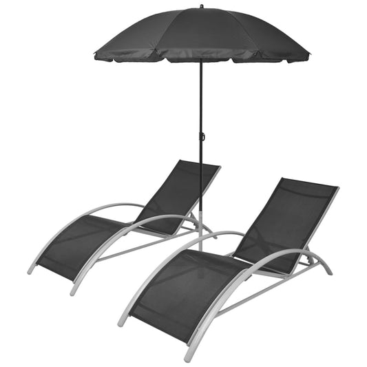 Sun Loungers with Umbrella Aluminium Black Sun Loungers with Umbrella Aluminium Black