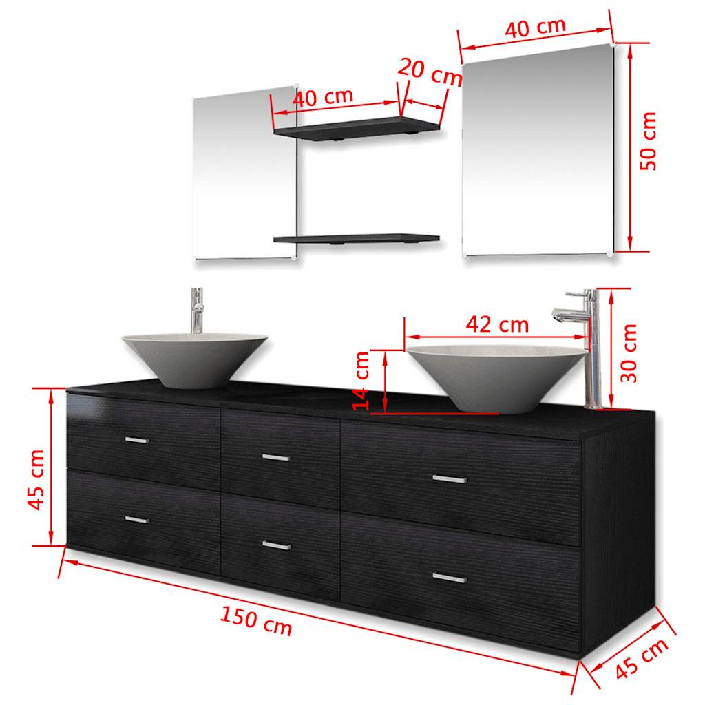Nine Piece Bathroom Furniture Set with Basin with Tap Black