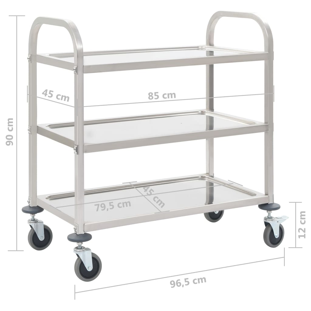 50914 vidaXL 3-Tier Kitchen Trolley 96,5x55x90 cm Stainless Steel