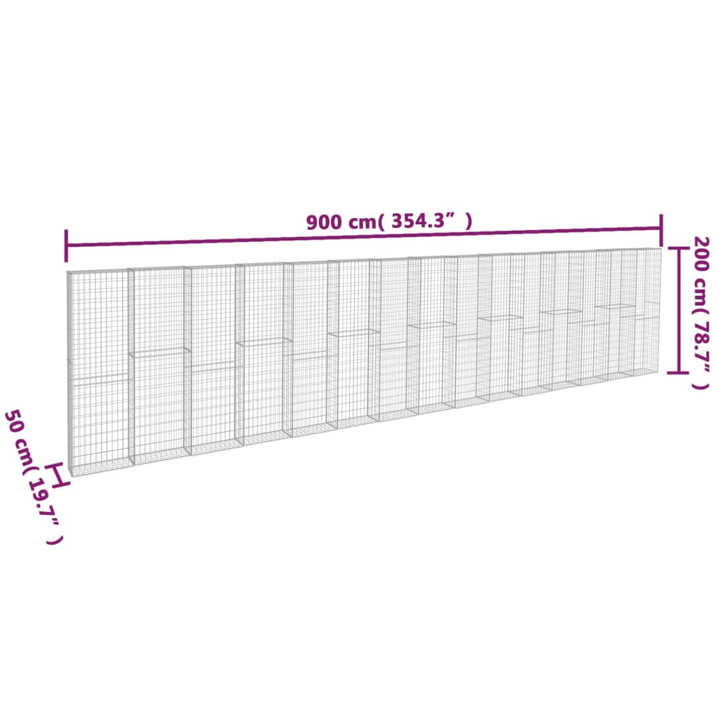 Gabion Wall with Covers Galvanised Steel 900x50x200 cm