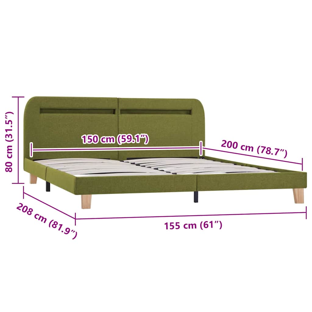 Bed Frame with LED without Mattress Green Fabric 150x200 cm