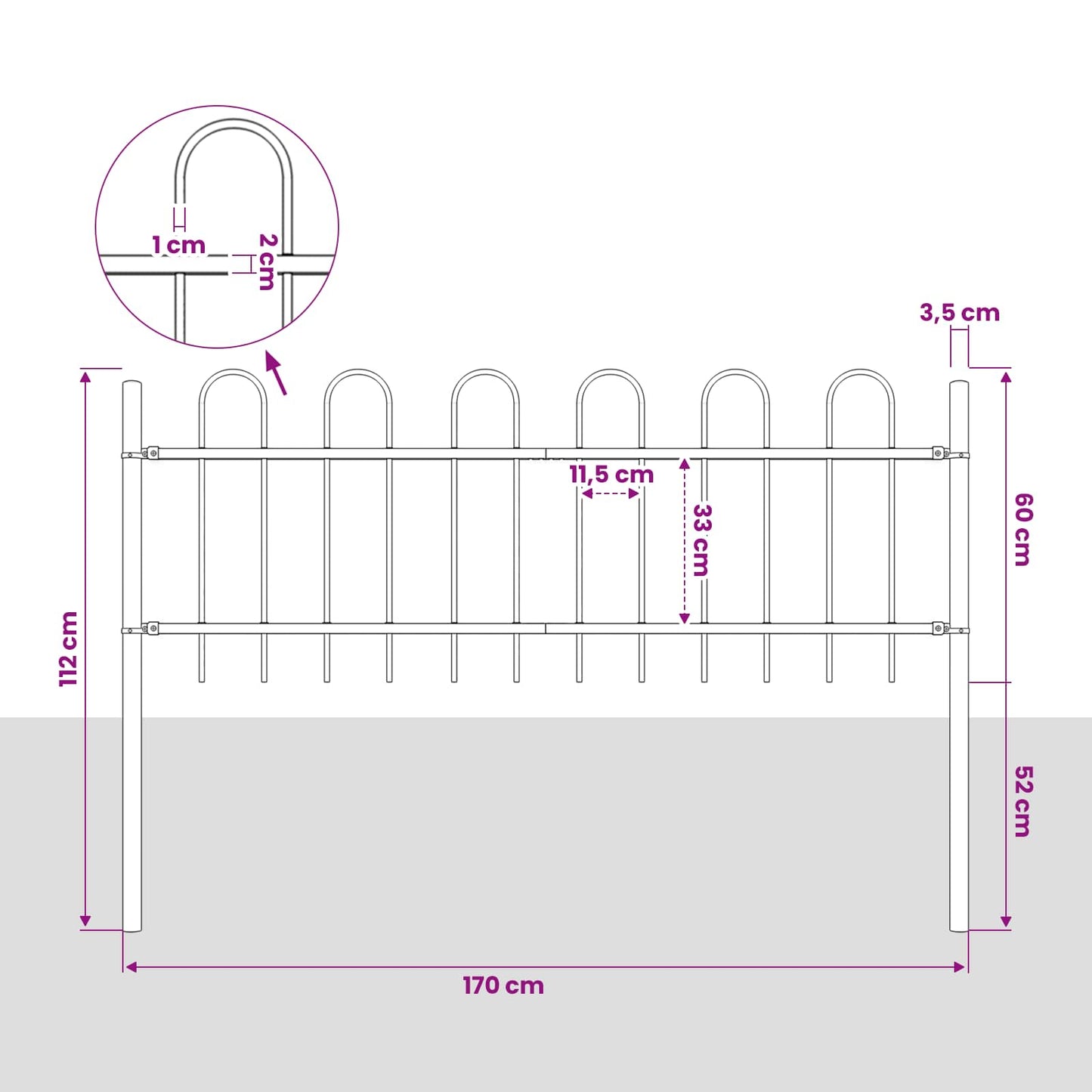 Garden Fence "Boxtel" with Hoop Top Steel 170x60 cm Black