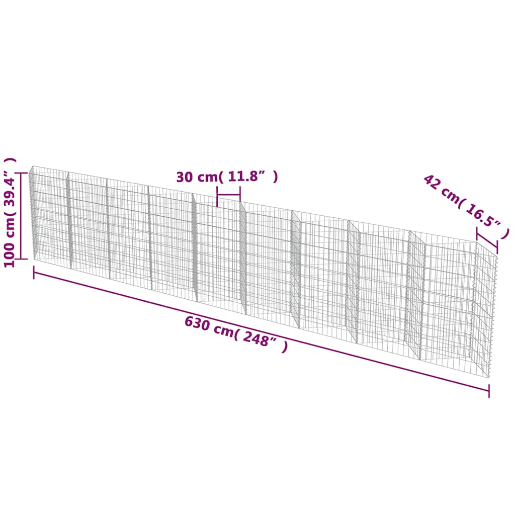 143573 vidaXL Gabion Wall Galvanised Steel 630x30x100 cm