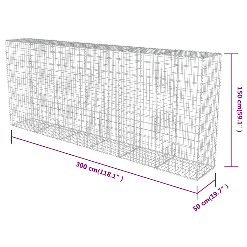 143593 vidaXL Gabion Wall with Covers Galvanised Steel 300x50x150 cm