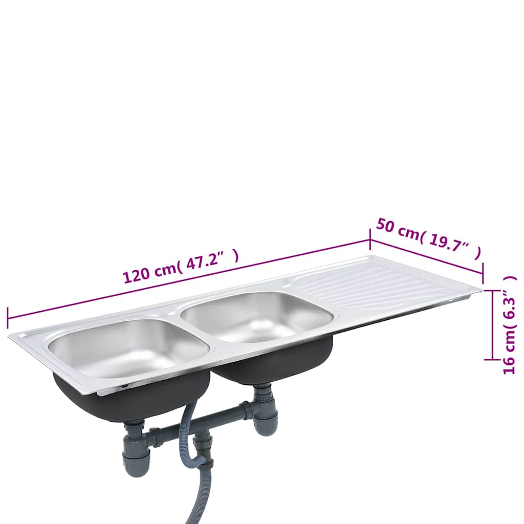 145075 vidaXL Kitchen Sink Double Basin with Strainer & Trap Stainless Steel