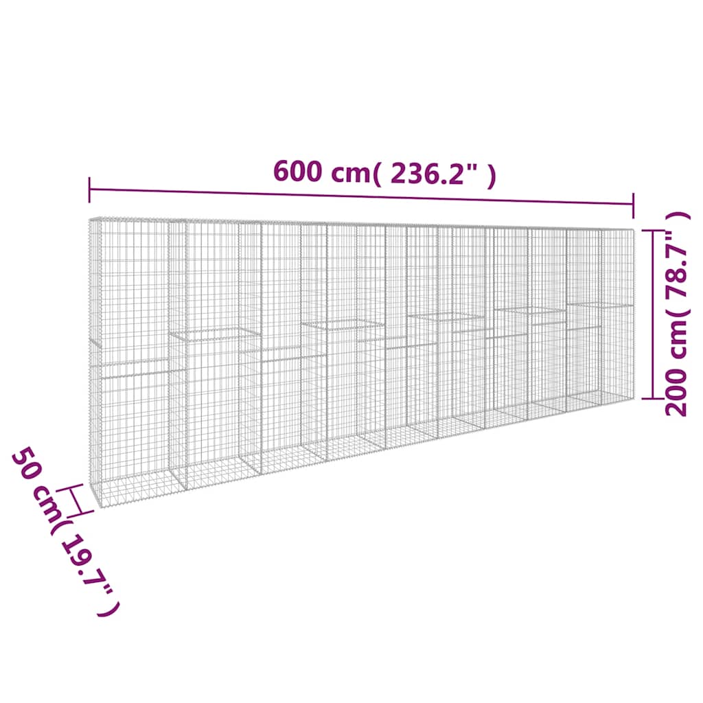 145089 vidaXL Gabion Wall with Cover Galvanised Steel 600x50x200 cm