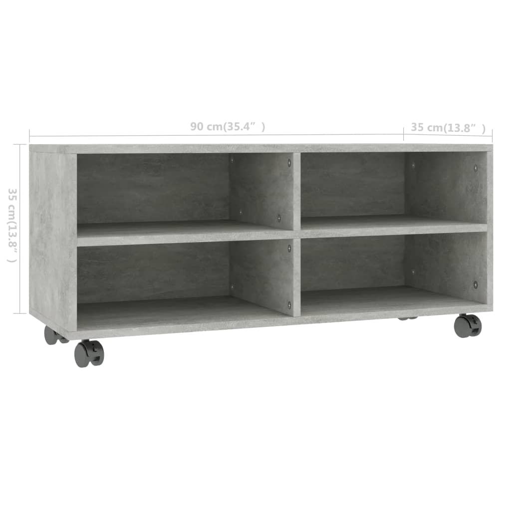 800184 vidaXL TV Cabinet with Castors Concrete Grey 90x35x35 cm Engineered Wood