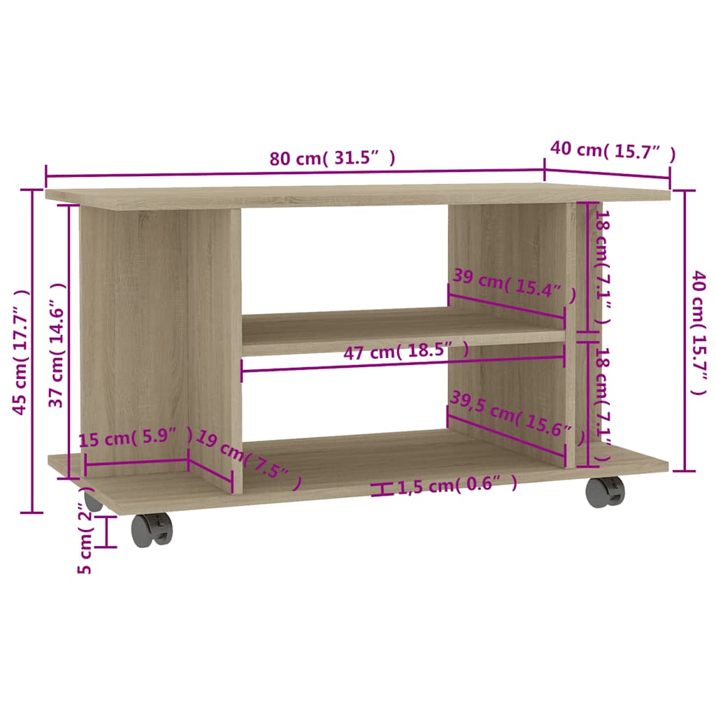800192 vidaXL TV Cabinet with Castors Sonoma Oak 80x40x45 cm Engineered Wood